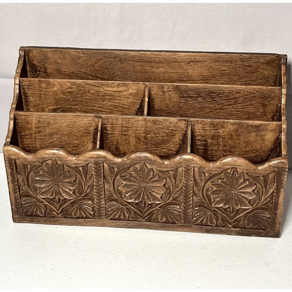 Wooden Desk Organizer with Carved Floral Design - Brown